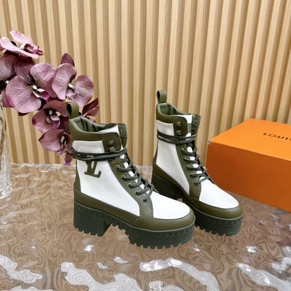 LV Laureate Platform Desert Boot 70mm White Mix Khaki Green Denim Fabric