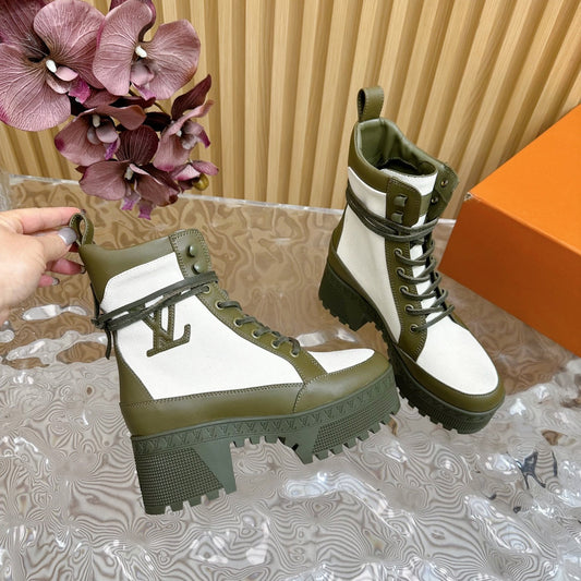LV Laureate Platform Desert Boot 70mm White Mix Khaki Green Denim Fabric