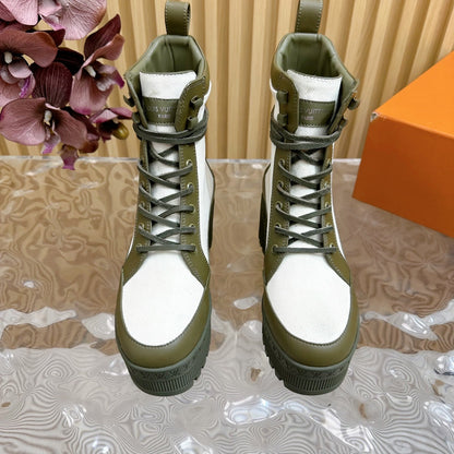 LV Laureate Platform Desert Boot 70mm White Mix Khaki Green Denim Fabric