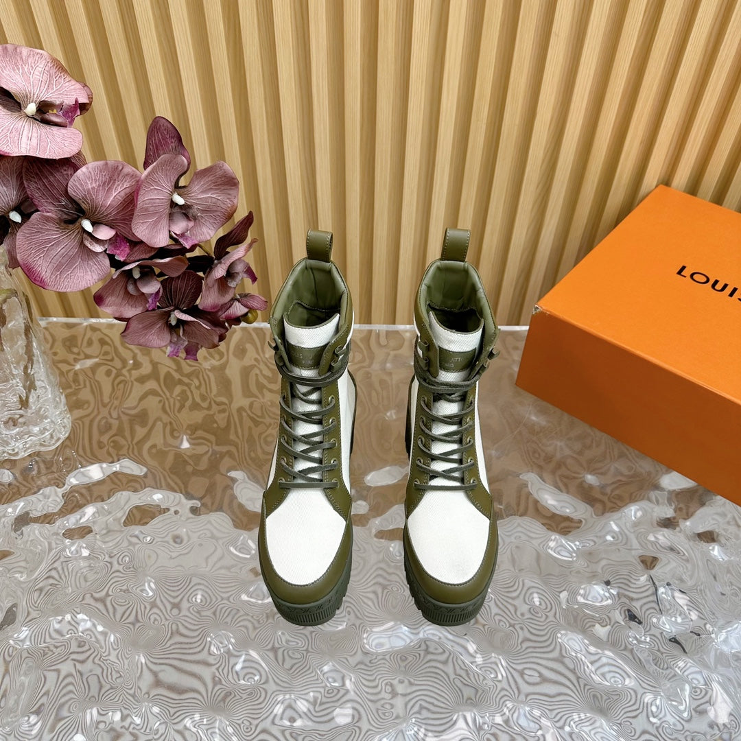 LV Laureate Platform Desert Boot 70mm White Mix Khaki Green Denim Fabric