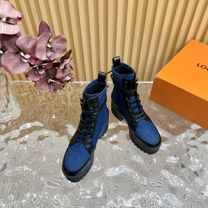 LV Laureate Platform Desert Boot 70mm Dark Blue Denim Fabric