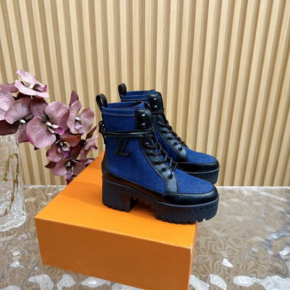 LV Laureate Platform Desert Boot 70mm Dark Blue Denim Fabric