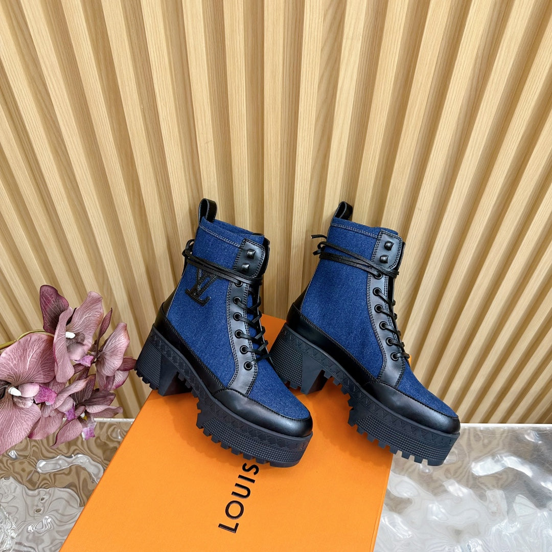 LV Laureate Platform Desert Boot 70mm Dark Blue Denim Fabric