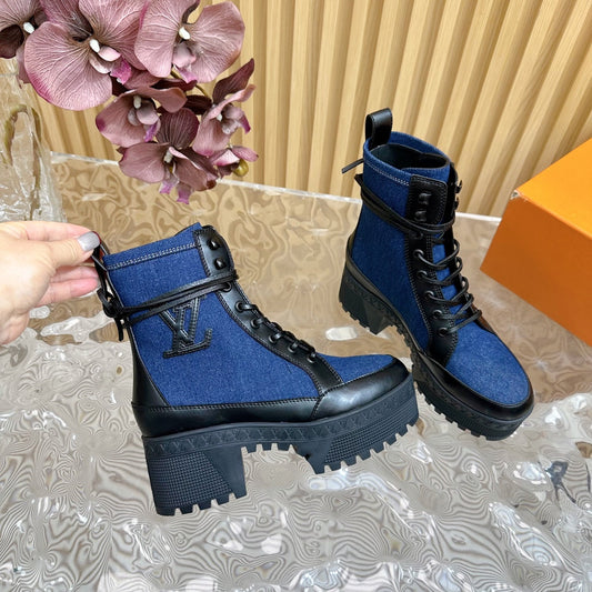 LV Laureate Platform Desert Boot 70mm Dark Blue Denim Fabric
