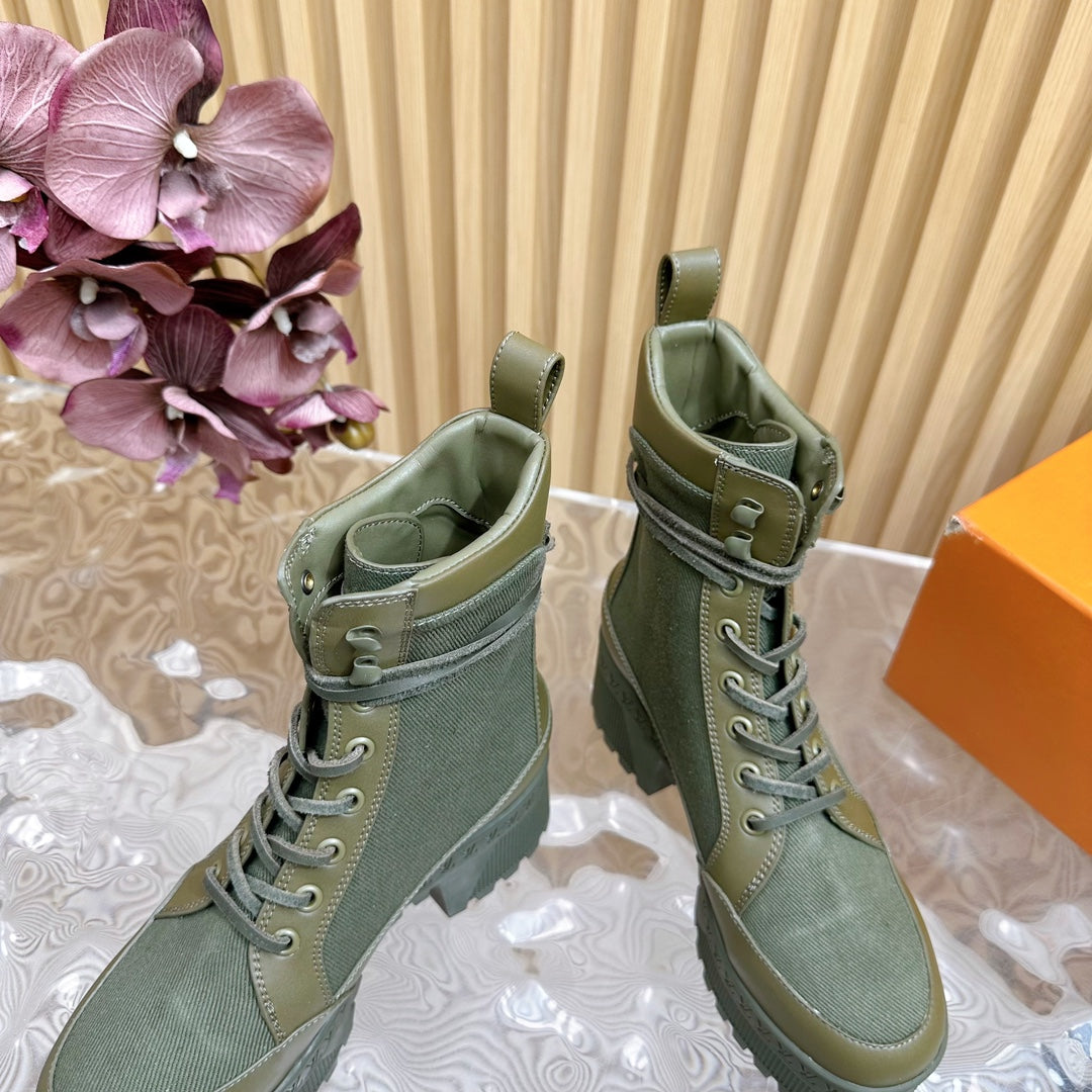 LV Laureate Platform Desert Boot 70mm Khaki Green Denim Fabric