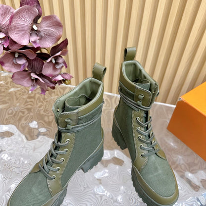 LV Laureate Platform Desert Boot 70mm Khaki Green Denim Fabric
