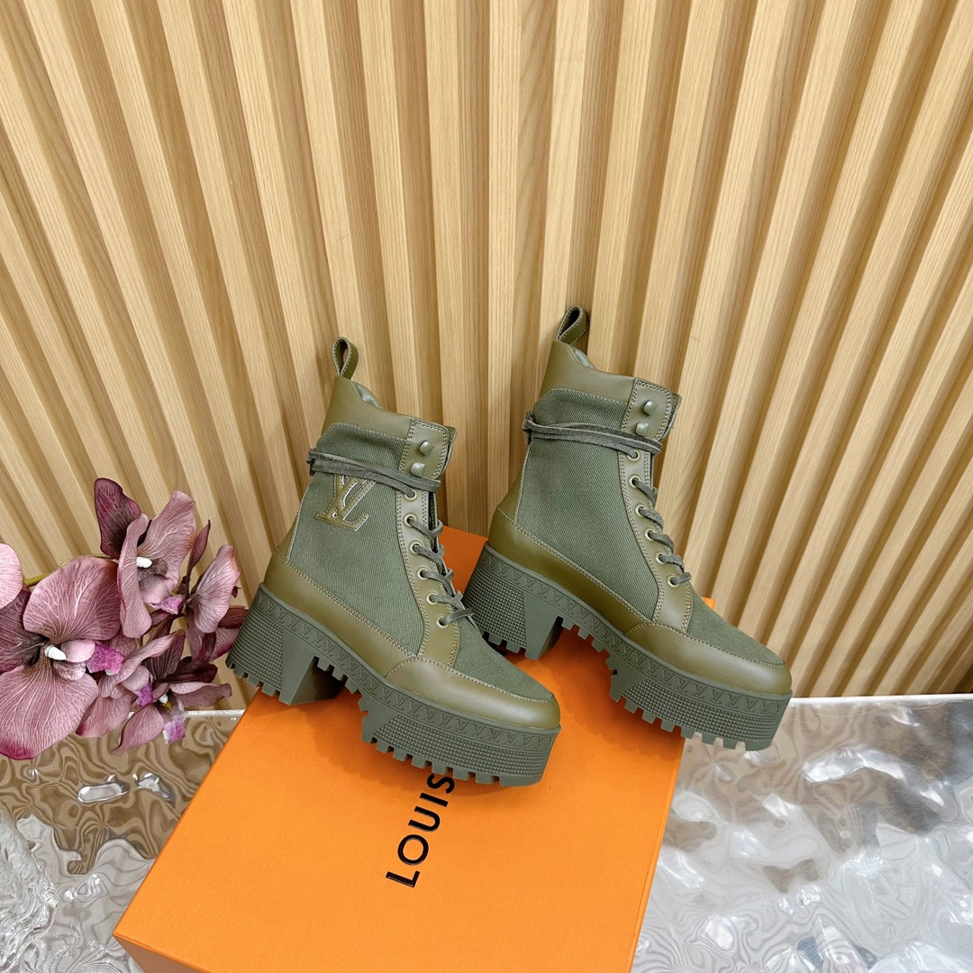 LV Laureate Platform Desert Boot 70mm Khaki Green Denim Fabric