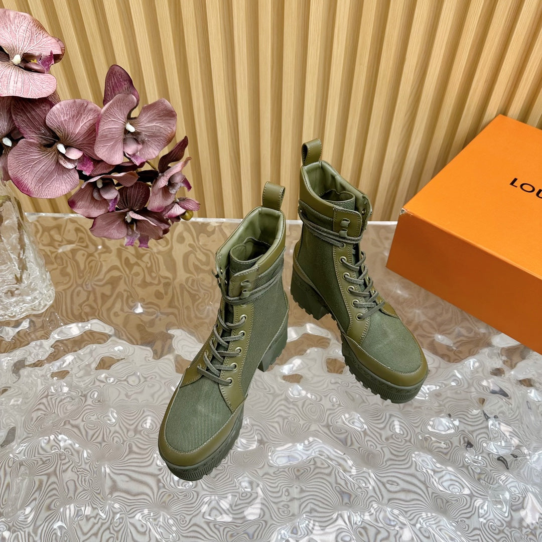 LV Laureate Platform Desert Boot 70mm Khaki Green Denim Fabric