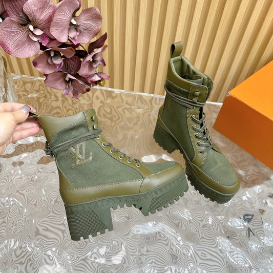 LV Laureate Platform Desert Boot 70mm Khaki Green Denim Fabric