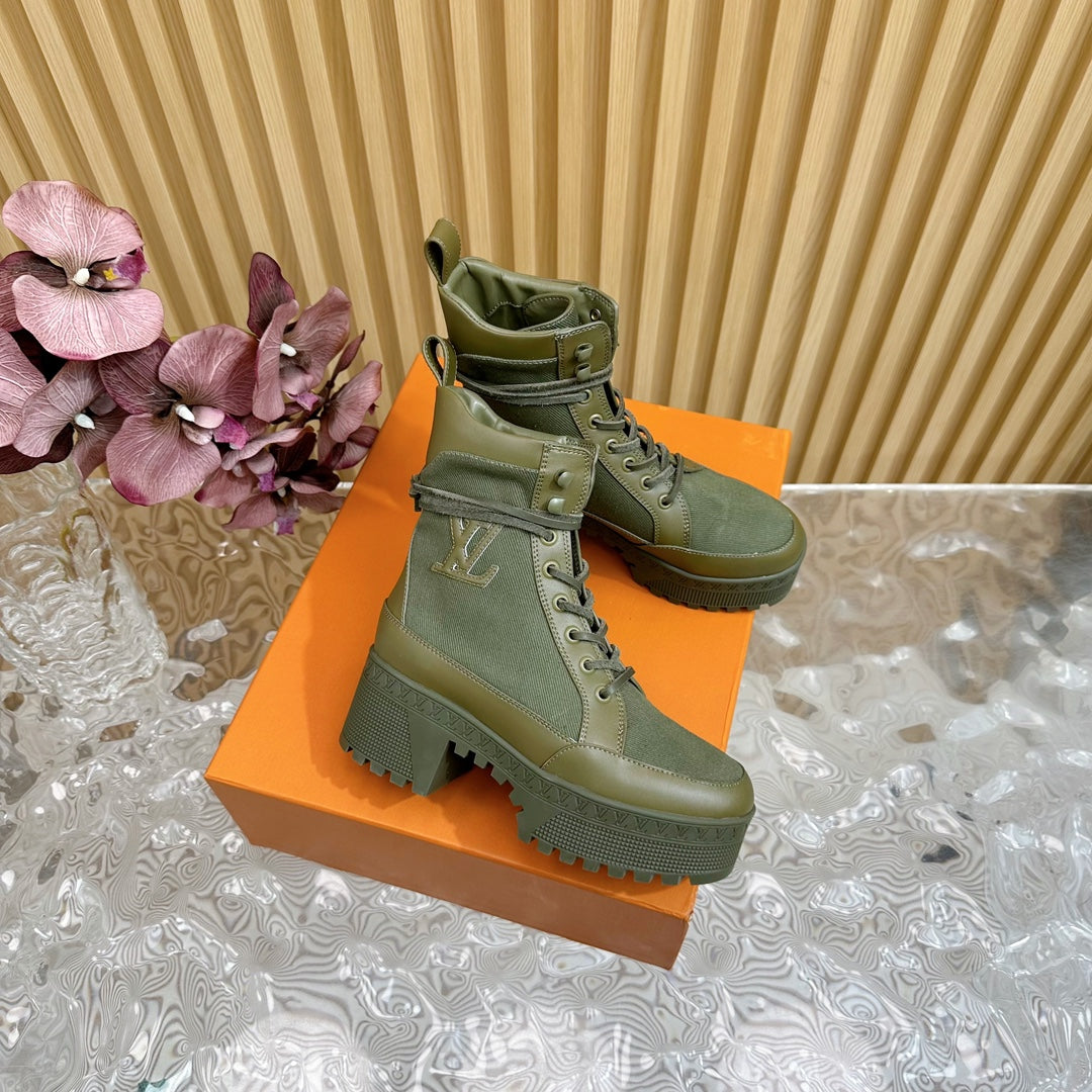 LV Laureate Platform Desert Boot 70mm Khaki Green Denim Fabric