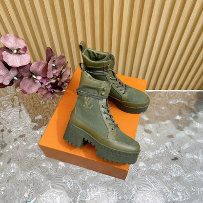 LV Laureate Platform Desert Boot 70mm Khaki Green Denim Fabric