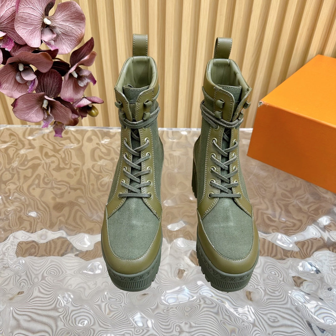 LV Laureate Platform Desert Boot 70mm Khaki Green Denim Fabric