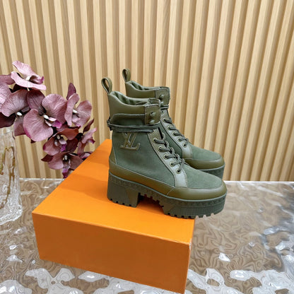 LV Laureate Platform Desert Boot 70mm Khaki Green Denim Fabric