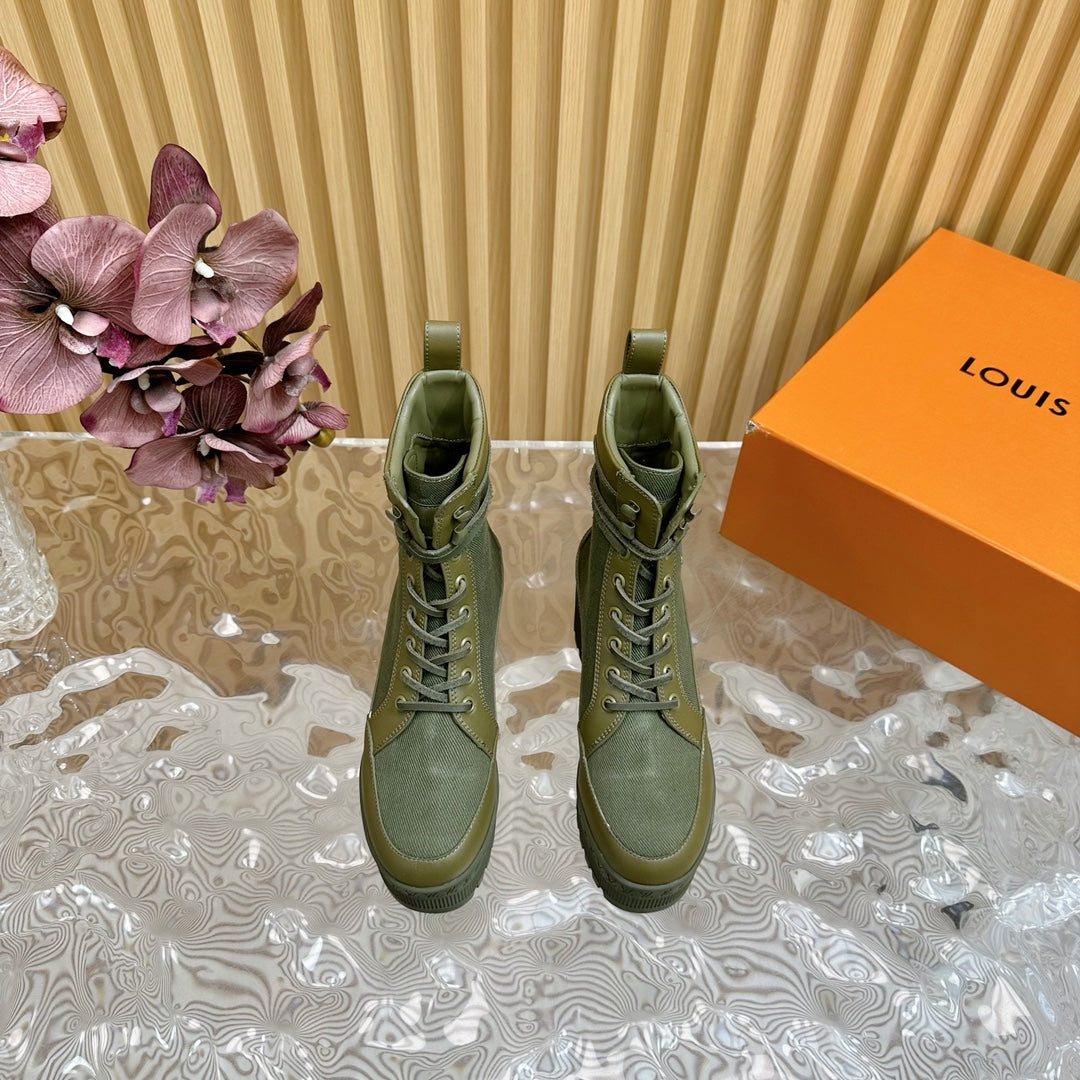 LV Laureate Platform Desert Boot 70mm Khaki Green Denim Fabric