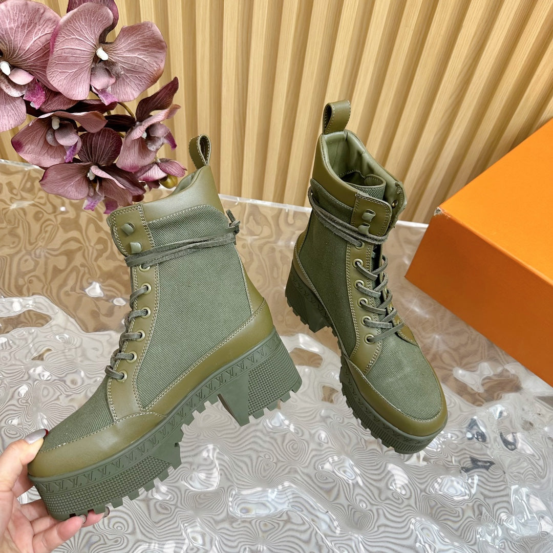 LV Laureate Platform Desert Boot 70mm Khaki Green Denim Fabric