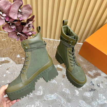 LV Laureate Platform Desert Boot 70mm Khaki Green Denim Fabric