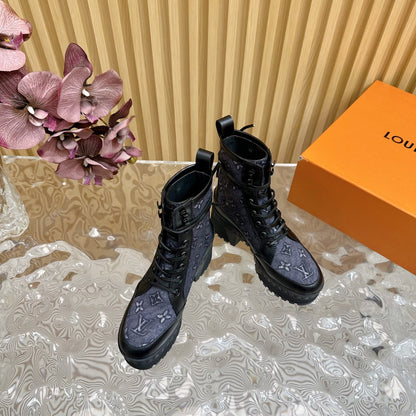 LV Laureate Platform Desert Boot 70mm Blue Black Monogram Jacquard Fabric