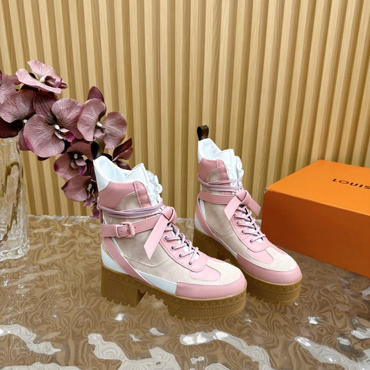 LV Laureate Platform Desert Boot 70mm Pink Mix Beige Suede