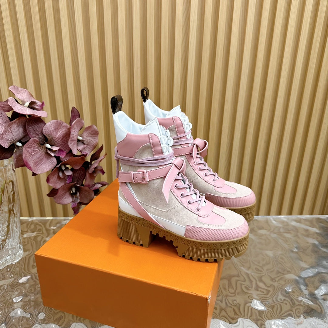 LV Laureate Platform Desert Boot 70mm Pink Mix Beige Suede