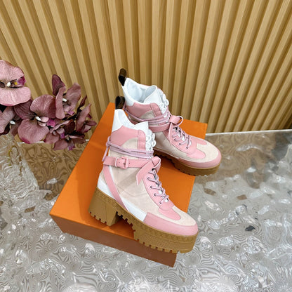 LV Laureate Platform Desert Boot 70mm Pink Mix Beige Suede