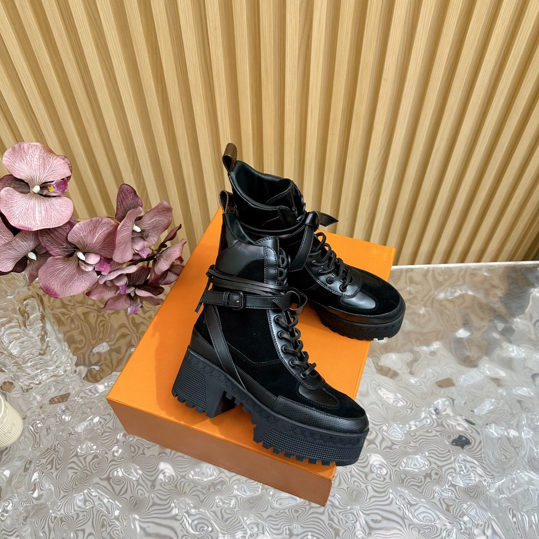 LV Laureate Platform Desert Boot 70mm Black Suede