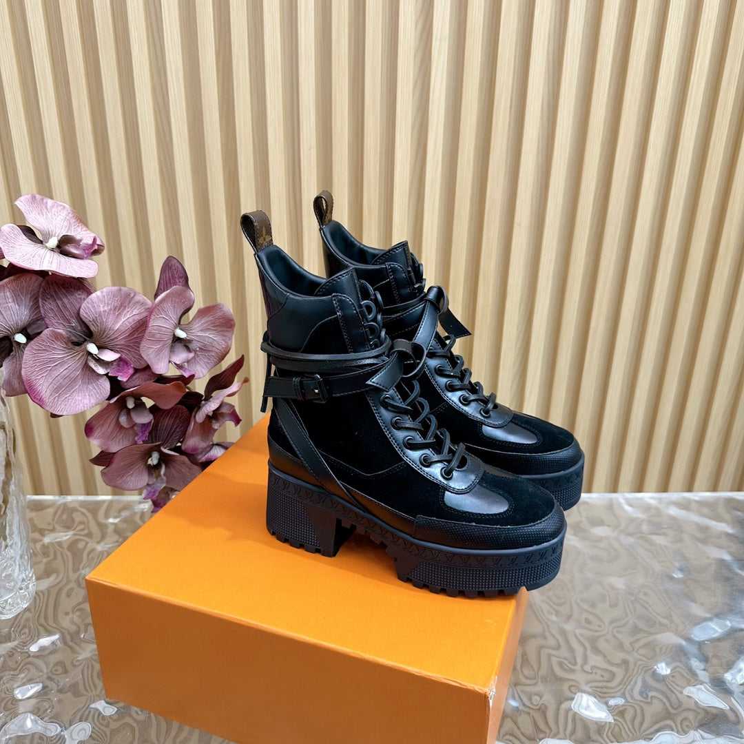 LV Laureate Platform Desert Boot 70mm Black Suede