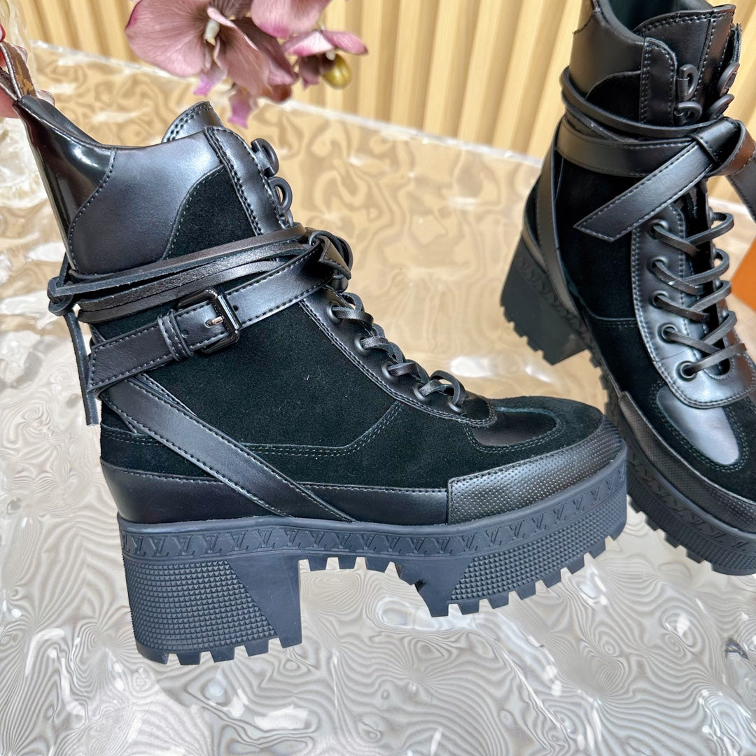 LV Laureate Platform Desert Boot 70mm Black Suede