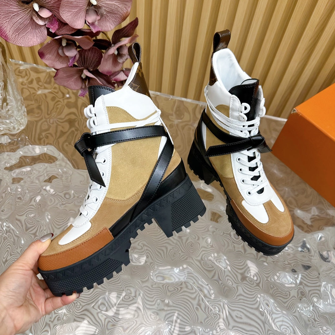 LV Laureate Platform Desert Boot 70mm Brown Yellow Suede