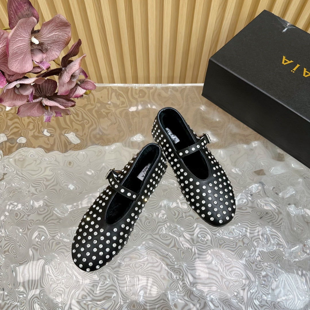 Alaia Strass Ballet Flats In Black Calfskin With Fleece Lining  926043
