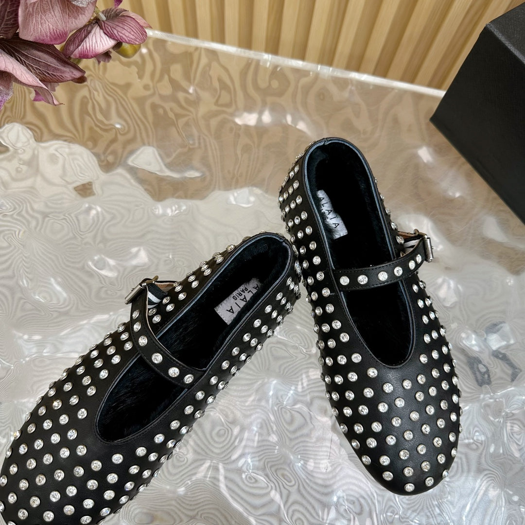 Alaia Strass Ballet Flats In Black Calfskin With Fleece Lining  926043