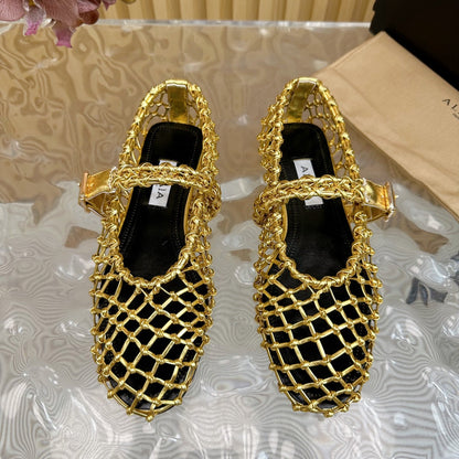 Alaia Ballet Flats In Gold Woven Cowhide 102288