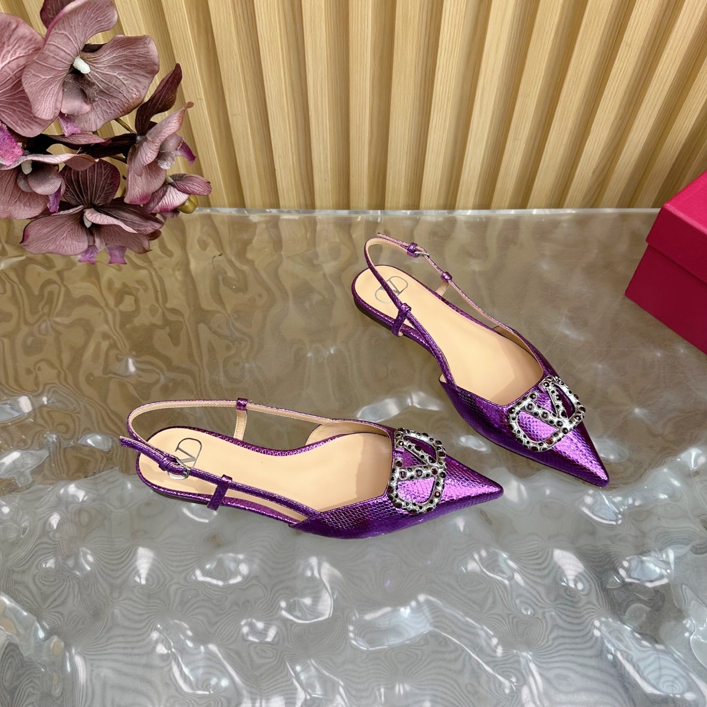 VT Slingback Flat Purple Snake-grain Leather