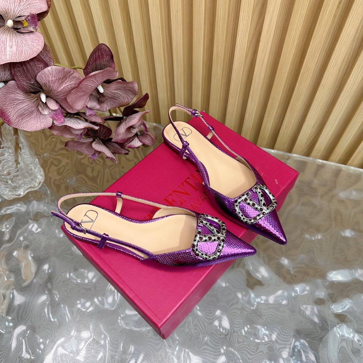 VT Slingback Flat Purple Snake-grain Leather