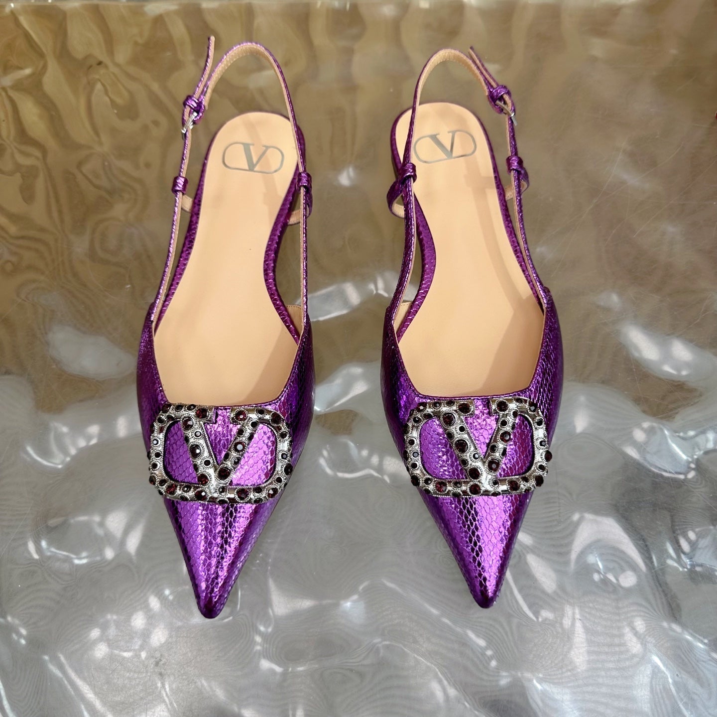 VT Slingback Flat Purple Snake-grain Leather