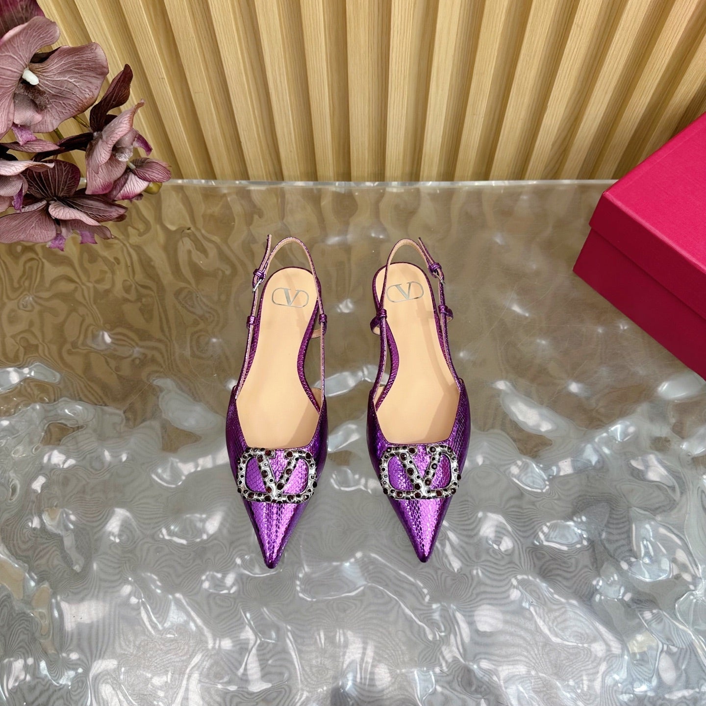 VT Slingback Flat Purple Snake-grain Leather
