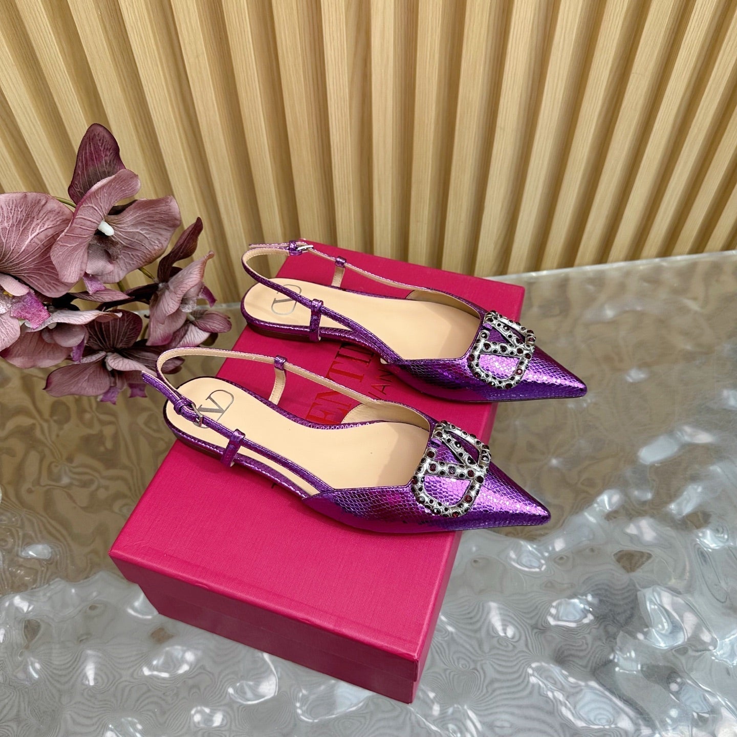 VT Slingback Flat Purple Snake-grain Leather