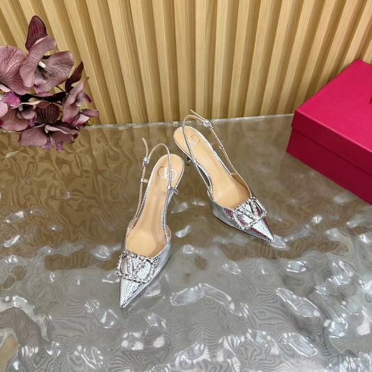 VT Slingback 8cm Silver Snake-grain Leather