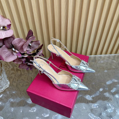 VT Slingback 8cm Silver Snake-grain Leather