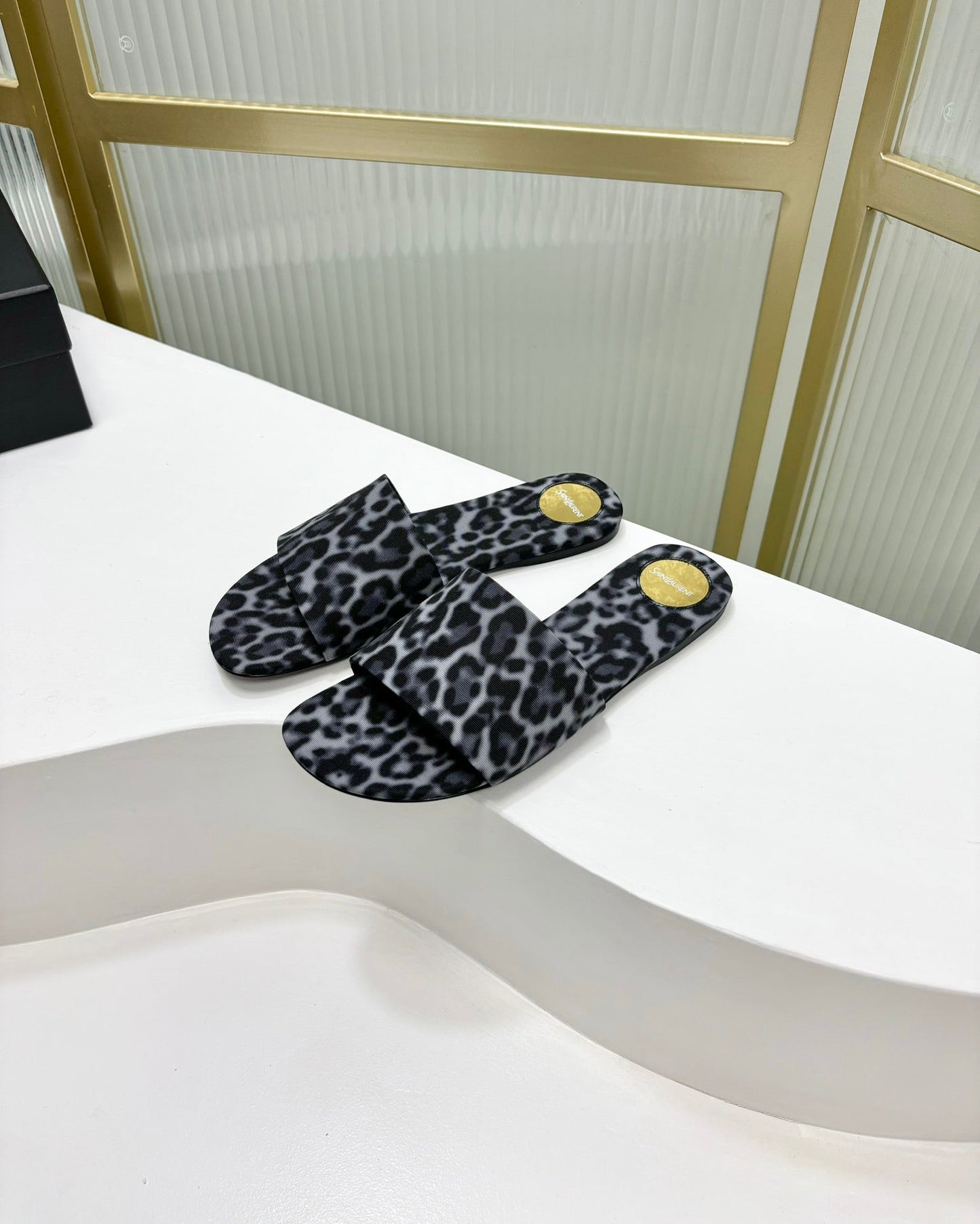CARLYLE SLIDES IN LEOPARD GROSGRAIN BLACK WHITE