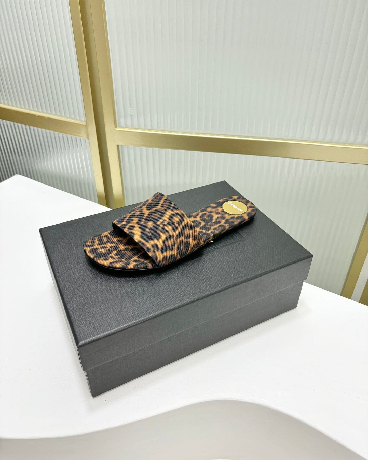 CARLYLE SLIDES IN LEOPARD GROSGRAIN BLACK GOLD