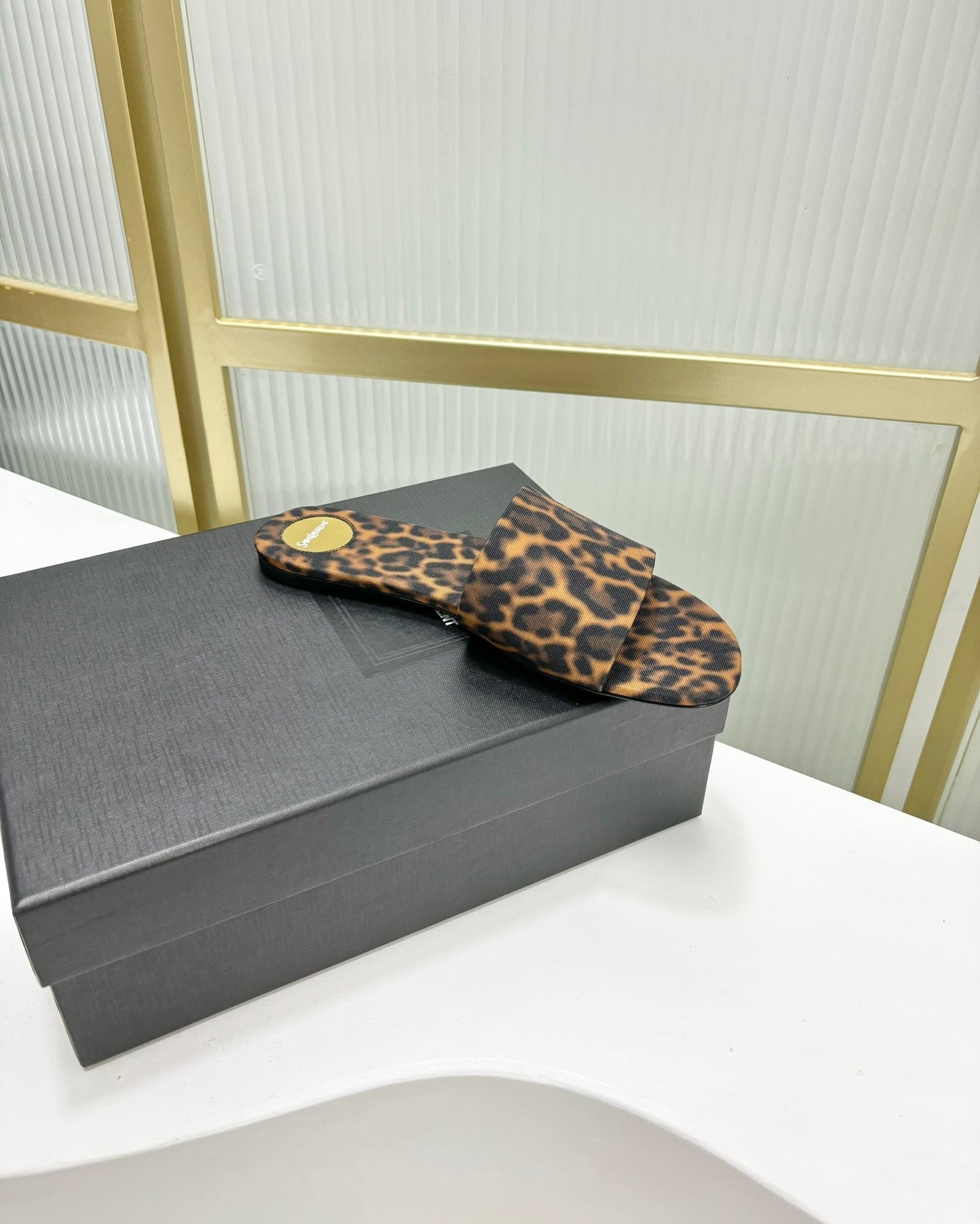 CARLYLE SLIDES IN LEOPARD GROSGRAIN BLACK GOLD