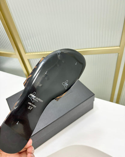 CARLYLE SLIDES IN LEOPARD GROSGRAIN BLACK GOLD