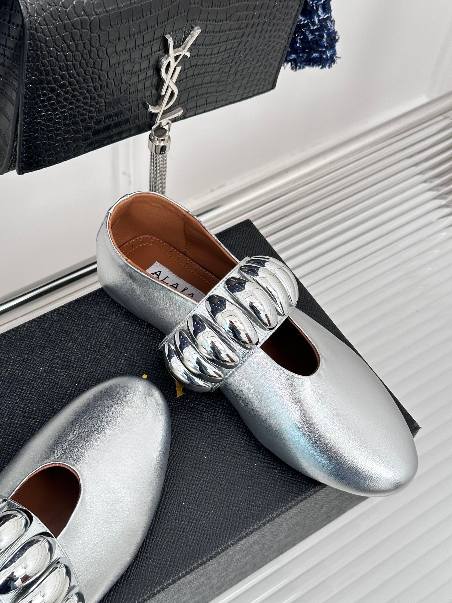 Alaia 25 Mary Jane Jewel Ballet Flats Silver Calfskin 293243