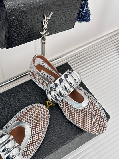 Alaia 25 Mary Jane Mesh Ballet Flats Silver Calfskin 293250