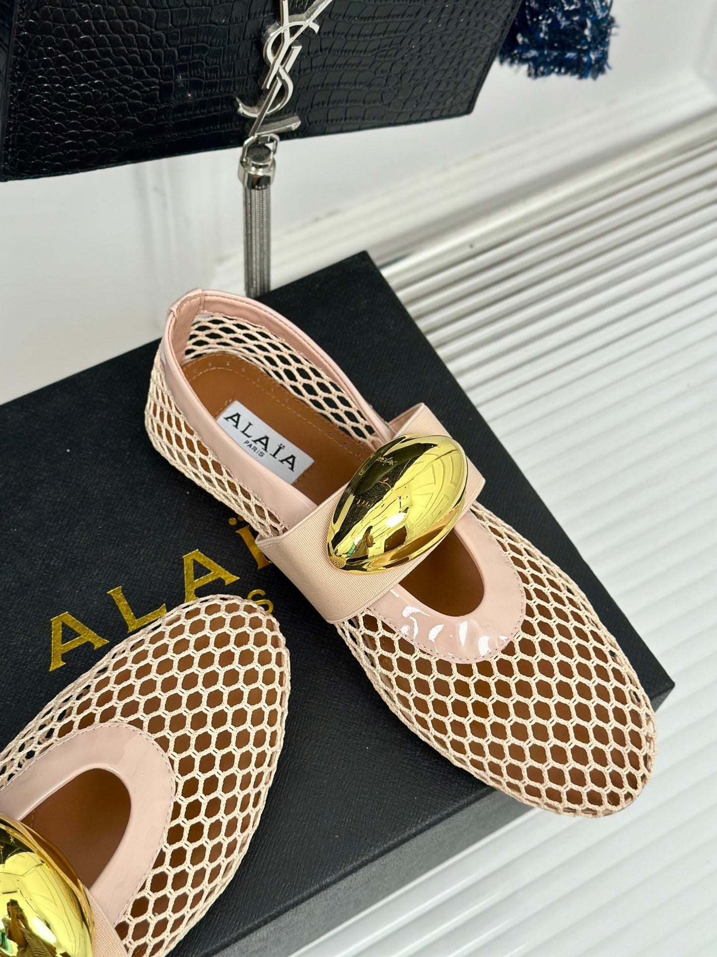 ALAIA MARY JANE SHOES IN BEIGE MESH WITH GOLD HARDWARE