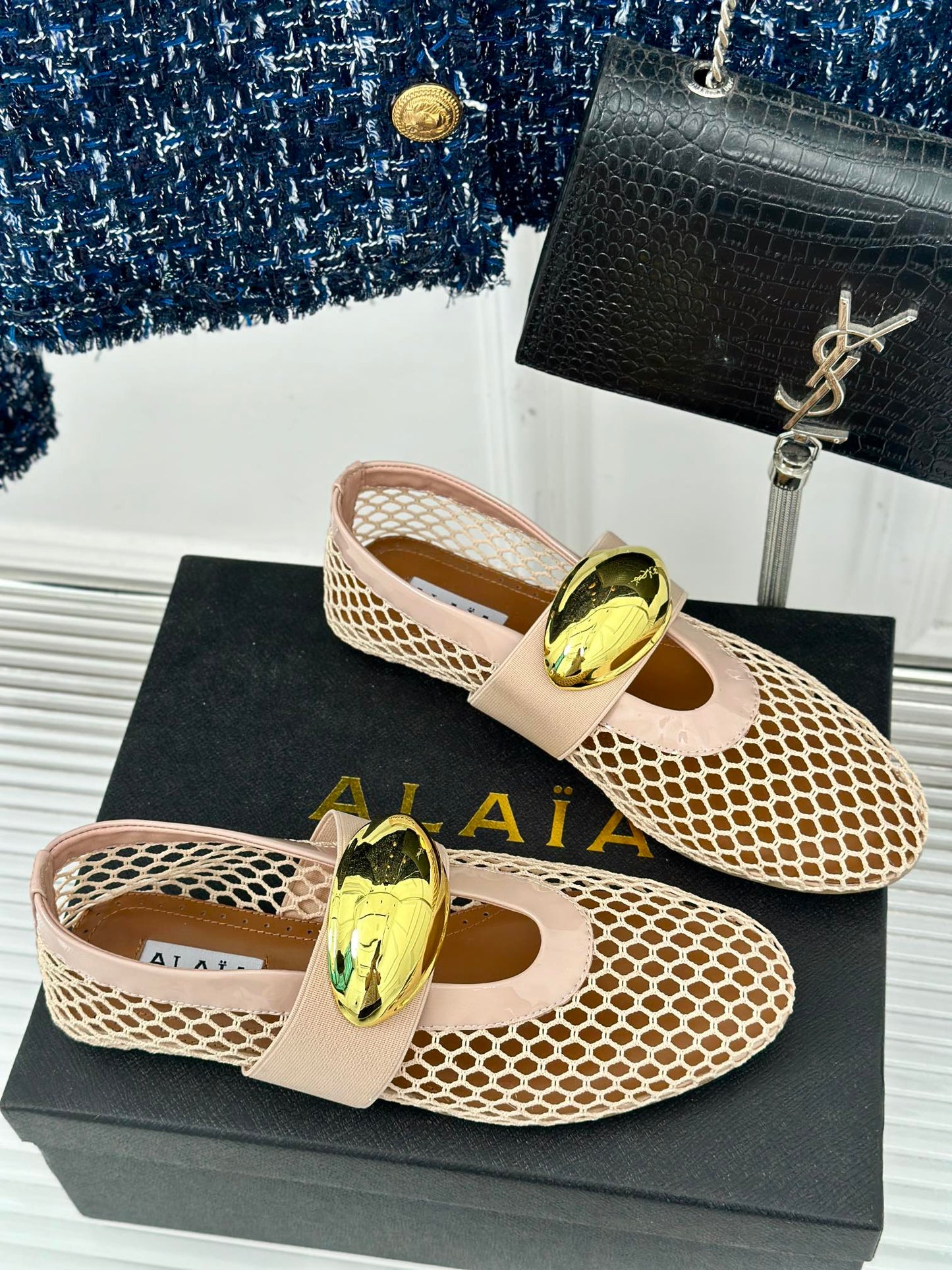 ALAIA MARY JANE SHOES IN BEIGE MESH WITH GOLD HARDWARE