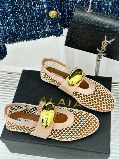 ALAIA MARY JANE SHOES IN BEIGE MESH WITH GOLD HARDWARE