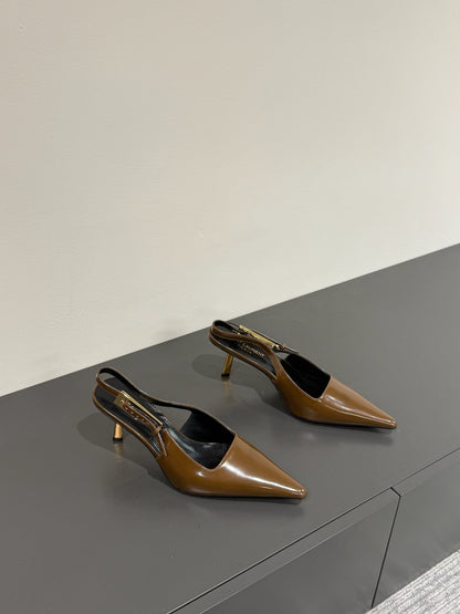 LEE SLINGBACK MID PUMPS IN BARK BROWN SHINY CALFSKIN