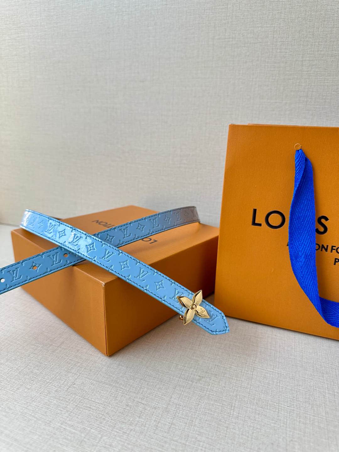 LV Flowergram 20mm Reversible Belt Beige Blue Calfskin