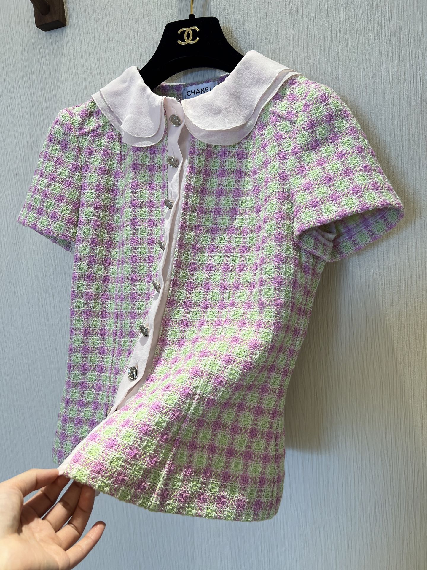 CC 25 Doll Collar Top Pink Green Tweed Fabric